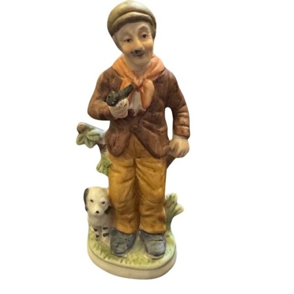Vintage Hand-Painted Porcelain Boy Figurine Holding Bird With Dog Companion - Picture 1 of 6